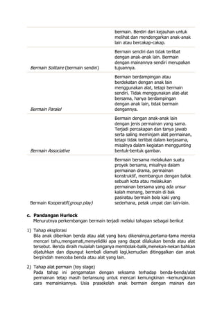 bermain. Berdiri dari kejauhan untuk
melihat dan mendengarkan anak-anak
lain atau bercakap-cakap.
Bermain Solitaire (bermain sendiri)
Bermain sendiri dan tidak terlibat
dengan anak-anak lain. Bermain
dengan mainannya sendiri merupakan
tujuannya.
Bermain Paralel
Bermain berdampingan atau
berdekatan dengan anak lain
menggunakan alat, tetapi bermain
sendiri. Tidak menggunakan alat-alat
bersama, hanya berdampingan
dengan anak lain, tidak bermain
dengannya.
Bermain Associative
Bermain dengan anak-anak lain
dengan jenis permainan yang sama.
Terjadi percakapan dan tanya jawab
serta saling meminjam alat permainan,
tetapi tidak terlibat dalam kerjasama,
misalnya dalam kegiatan menggunting
bentuk-bentuk gambar.
Bermain Kooperatif(group play)
Bermain bersama melakukan suatu
proyek bersama, misalnya dalam
permainan drama, permainan
konstruktif, membangun dengan balok
sebuah kota atau melakukan
permainan bersama yang ada unsur
kalah menang, bermain di bak
pasiratau bermain bola kaki yang
sederhana, petak umpat dan lain-lain.
c. Pandangan Hurlock
Menurutnya perkembangan bermain terjadi melalui tahapan sebagai berikut
1) Tahap eksplorasi
Bila anak diberikan benda atau alat yang baru dikenalnya,pertama-tama mereka
mencari tahu,mengamati,menyelidiki apa yang dapat dilakukan benda atau alat
tersebut. Benda diraih mulailah tanganya membolak-balik,menekan-nekan bahkan
dijatuhkan dan dipungut kembali diamati lagi,kemudian ditinggalkan dan anak
berpindah mencoba benda atau alat yang lain.
2) Tahap alat permain (toy stage)
Pada tahap ini pengamatan dengan seksama terhadap benda-benda/alat
permainan tetap masih berlansung untuk mencari kemungkinan –kemungkinan
cara memainkannya. Usia prasekolah anak bermain dengan mainan dan
 