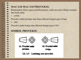 MACAM-MACAM PROYEKSI:
Berdasarkan teknis (gaya) pembuatannya, maka proyeksi dibagi menjadi
dua buah yaitu:
• - ANSI
Proyeksi sudut pertama atau biasa dikenal dengan gaya Eropa
• - ISO
Proyeksi sudut ketiga atau dikenal dengan gaya USA
SIMBOL PROYEKSI:
 