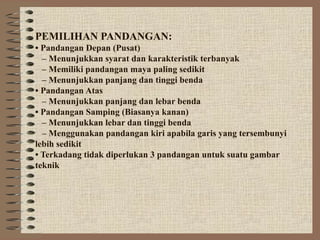 PEMILIHAN PANDANGAN:
• Pandangan Depan (Pusat)
– Menunjukkan syarat dan karakteristik terbanyak
– Memiliki pandangan maya paling sedikit
– Menunjukkan panjang dan tinggi benda
• Pandangan Atas
– Menunjukkan panjang dan lebar benda
• Pandangan Samping (Biasanya kanan)
– Menunjukkan lebar dan tinggi benda
– Menggunakan pandangan kiri apabila garis yang tersembunyi
lebih sedikit
• Terkadang tidak diperlukan 3 pandangan untuk suatu gambar
teknik
 
