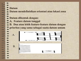 Datum
Datum mendefinisikan orientasi atau lokasi zona
Datum dibentuk dengan:
Feature datum tunggal
Dua atau lebih feature-feature datum dengan
prioritas yang sama sebagai suatu datum umum
A.
B.
 