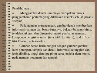 Pendahuluan :
•      Menggambar denah umumnya merupakan proses
penggambaran pertama yang dilakukan arsitek (setelah proses
siteplan)
•      Pada gambar prarancangan, gambar denah memberikan
informasi ruangan dan batas-batasnya, bukaan-bukaan (pintu,
jendela), ukuran dan dimensi-dimensi pembatas ruangan,
komponen pengisi ruangan (tata letak furniture), grid titik –
titik kolom , notasi-notasi.
•      Gambar denah berhubungan dengan gambar-gambar
lain: potongan, tampak dan detail. Informasi ketinggian dan
jenis dinding, tinggi dan tipe pintu serta jendela akan muncul
pada gambar potongan dan tampak.
 