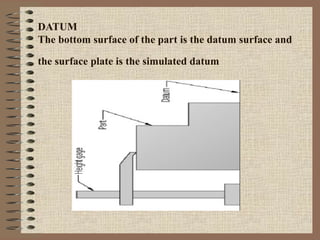 DATUM
The bottom surface of the part is the datum surface and

the surface plate is the simulated datum
 