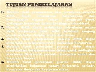 1. Melalui hasil pengamatan dan percobaan peserta 
didik dapat mengagumi keteraturan dan 
kompleksitas ciptaan Tuhan mengenai gerak 
melingkar beraturan dalam kehidupan sehari-hari. 
2. Peserta didik dapat melakukan percobaan secara 
aktif, kerjasama, jujur, teliti, hati-hati, tangung 
jawab, terbuka, disiplin, kritis dan tekun. 
3. Melalui hasil pengamatan peserta didik dapat 
menjelaskan pengertian gerak melingkar beraturan. 
4. Melalui hasil percobaan peserta didik dapat 
menjelaskan besaran-besaran dalam gerak melingkar 
beraturan (frekuensi, periode, kecepatan sudut dan 
kecepatan linear) 
5. Melalui hasil percobaan peserta didik dapat 
menjelaskan hubungan antara frekuensi, periode, 
kecepatan linear dan kecepatan sudut. 
 