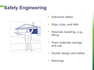  Industrial safety
 Slips, trips, and falls
 Materials handling, e.g.,
lifting
 Toxic materials storage
and use
 Facility design and safety
 Warnings
Safety Engineering
 