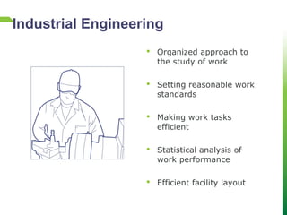 Organized approach to
the study of work
 Setting reasonable work
standards
 Making work tasks
efficient
 Statistical analysis of
work performance
 Efficient facility layout
Industrial Engineering
 