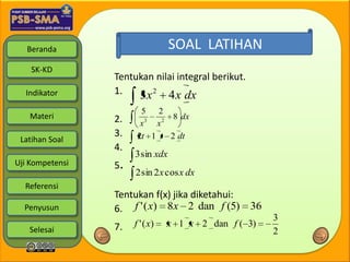 Beranda                        SOAL LATIHAN
    SK-KD
                 Tentukan nilai integral berikut.
  Indikator      1.   3x 2 4 x dx
                        5   2
   Materi        2.            8 dx
                        x3 x 2
                 3.    2t 1 t 2 dt
 Latihan Soal
                 4.
                      3 sin xdx
Uji Kompetensi   5.
                      2 sin 2 x cos x dx
  Referensi
                 Tentukan f(x) jika diketahui:
  Penyusun       6. f ' ( x) 8x 2 dan f (5) 36
                                                      3
                 7.   f ' ( x)   x 1 x 2 dan f ( 3)
   Selesai                                            2
 