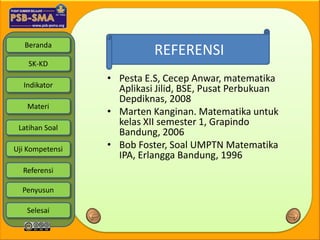 Beranda
                           REFERENSI
    SK-KD
                 • Pesta E.S, Cecep Anwar, matematika
  Indikator
                   Aplikasi Jilid, BSE, Pusat Perbukuan
                   Depdiknas, 2008
   Materi
                 • Marten Kanginan. Matematika untuk
 Latihan Soal
                   kelas XII semester 1, Grapindo
                   Bandung, 2006
Uji Kompetensi   • Bob Foster, Soal UMPTN Matematika
                   IPA, Erlangga Bandung, 1996
  Referensi

  Penyusun

   Selesai
 