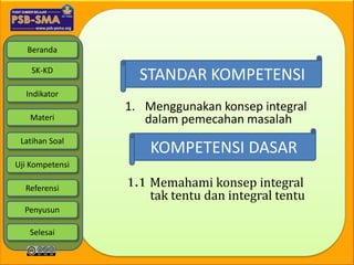 Beranda

    SK-KD
                   STANDAR KOMPETENSI
  Indikator
                 1. Menggunakan konsep integral
   Materi           dalam pemecahan masalah
 Latihan Soal
                     KOMPETENSI DASAR
Uji Kompetensi

  Referensi      1.1 Memahami konsep integral
                     tak tentu dan integral tentu
  Penyusun

   Selesai
 