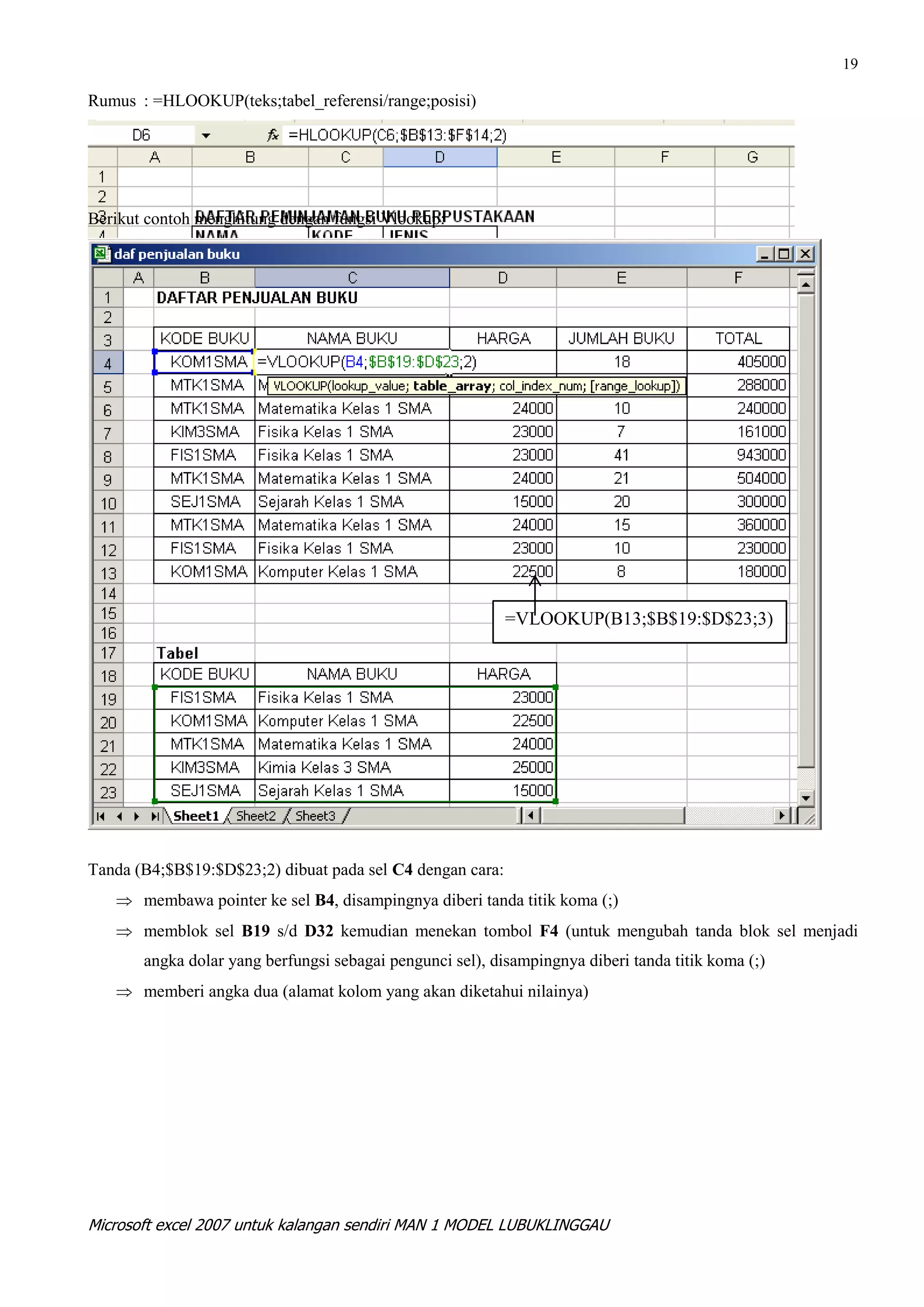 19

Rumus : =HLOOKUP(teks;tabel_referensi/range;posisi)




Berikut contoh menghitung dengan fungsi Vlookup:




                                                           =VLOOKUP(B13;$B$19:$D$23;3)




Tanda (B4;$B$19:$D$23;2) dibuat pada sel C4 dengan cara:
       membawa pointer ke sel B4, disampingnya diberi tanda titik koma (;)
       memblok sel B19 s/d D32 kemudian menekan tombol F4 (untuk mengubah tanda blok sel menjadi
       angka dolar yang berfungsi sebagai pengunci sel), disampingnya diberi tanda titik koma (;)
       memberi angka dua (alamat kolom yang akan diketahui nilainya)




Microsoft excel 2007 untuk kalangan sendiri MAN 1 MODEL LUBUKLINGGAU
 