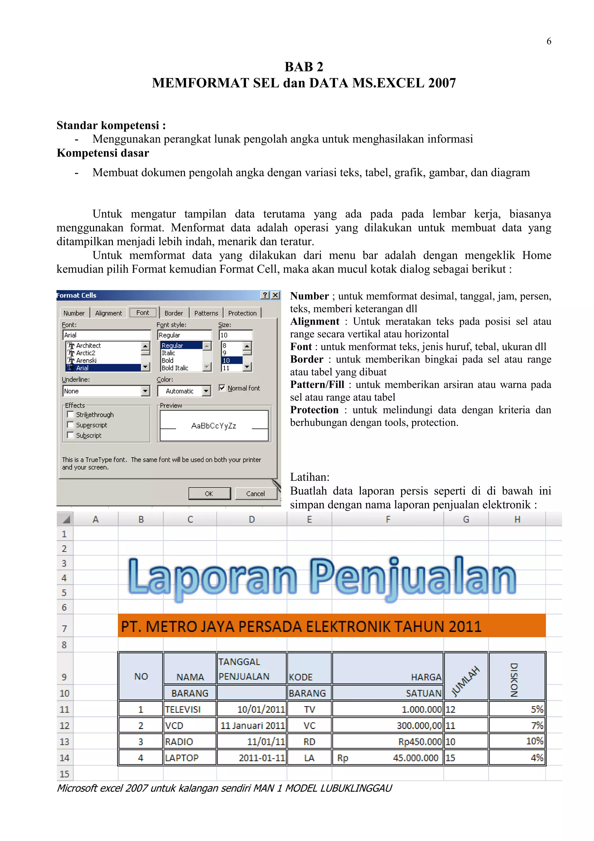 6

                                 BAB 2
                   MEMFORMAT SEL dan DATA MS.EXCEL 2007

Standar kompetensi :
   - Menggunakan perangkat lunak pengolah angka untuk menghasilakan informasi
Kompetensi dasar
   -   Membuat dokumen pengolah angka dengan variasi teks, tabel, grafik, gambar, dan diagram


       Untuk mengatur tampilan data terutama yang ada pada pada lembar kerja, biasanya
menggunakan format. Menformat data adalah operasi yang dilakukan untuk membuat data yang
ditampilkan menjadi lebih indah, menarik dan teratur.
       Untuk memformat data yang dilakukan dari menu bar adalah dengan mengeklik Home
kemudian pilih Format kemudian Format Cell, maka akan mucul kotak dialog sebagai berikut :

                                               Number ; untuk memformat desimal, tanggal, jam, persen,
                                               teks, memberi keterangan dll
                                               Alignment : Untuk meratakan teks pada posisi sel atau
                                               range secara vertikal atau horizontal
                                               Font : untuk menformat teks, jenis huruf, tebal, ukuran dll
                                               Border : untuk memberikan bingkai pada sel atau range
                                               atau tabel yang dibuat
                                               Pattern/Fill : untuk memberikan arsiran atau warna pada
                                               sel atau range atau tabel
                                               Protection : untuk melindungi data dengan kriteria dan
                                               berhubungan dengan tools, protection.



                                               Latihan:
                                               Buatlah data laporan persis seperti di di bawah ini
                                               simpan dengan nama laporan penjualan elektronik :




Microsoft excel 2007 untuk kalangan sendiri MAN 1 MODEL LUBUKLINGGAU
 