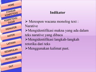 Indikator
 Merespon wacana monolog text :
Narative
Mengidentifikasi makna yang ada dalam
teks narative yang dibaca
Mengidentifikasi langkah-langkah
retorika dari teks
Menggunakan kalimat past.

 