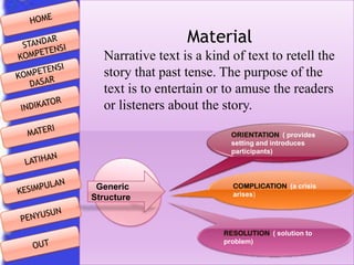 Material
Narrative text is a kind of text to retell the
story that past tense. The purpose of the
text is to entertain or to amuse the readers
or listeners about the story.
ORIENTATION ( provides
setting and introduces
participants)

Generic
Structure

COMPLICATION (a crisis
arises)

RESOLUTION ( solution to
problem)

 