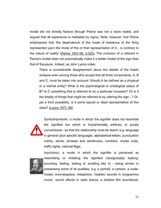 53
model did not directly feature (though Peirce was not a naive realist, and
argued that all experience is mediated by signs). Note, however, that Peirce
emphasized that 'the dependence of the mode of existence of the thing
represented upon the mode of this or that representation of it... is contrary to
the nature of reality' (Peirce 1931-58, 5.323). The inclusion of a referent in
Peirce's model does not automatically make it a better model of the sign than
that of Saussure. Indeed, as John Lyons notes:
There is considerable disagreement about the details of the triadic
analysis even among those who accept that all three components, A, B
and C, must be taken into account. Should A be defined as a physical
or a mental entity? What is the psychological or ontological status of
B? Is C something that is referred to on a particular occasion? Or is it
the totality of things that might be referred to by uttering the sign...? Or,
yet a third possibility, is it some typical or ideal representative of this
class? (Lyons 1977, 99)
Symbol/symbolic: a mode in which the signifier does not resemble
the signified but which is fundamentally arbitrary or purely
conventional - so that the relationship must be learnt: e.g. language
in general (plus specific languages, alphabetical letters, punctuation
marks, words, phrases and sentences), numbers, morse code,
traffic lights, national flags;
Icon/iconic: a mode in which the signifier is perceived as
resembling or imitating the signified (recognizably looking,
sounding, feeling, tasting or smelling like it) - being similar in
possessing some of its qualities: e.g. a portrait, a cartoon, a scale-
model, onomatopoeia, metaphors, 'realistic' sounds in 'programme
music', sound effects in radio drama, a dubbed film soundtrack,
 