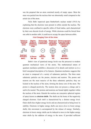 7
was the proposal that an atom consisted mostly of empty space. Most the
mass was packed into the nucleus that was abnormally small compared to the
actual size of the atom.
Neils Bohr improved upon Rutherford's nuclear model (1913) by
explaining that the electrons were present in orbits outside the nucleus. The
electrons were confined to specific orbits of fixed radius, each characterized
by their own discrete levels of energy. While electrons could be forced from
one orbit to another orbit, it could never occupy the space between orbits.
Bohr's view of quantized energy levels was the precursor to modern
quantum mechanical views of the atoms. The mathematical nature of
quantum mechanics prohibits a discussion of its details and restricts us to a
brief conceptual description of its features. Quantum mechanics suggests that
an atom is composed of a variety of subatomic particles. The three main
subatomic particles are the proton, electron and neutron. The proton and
neutron are the most massive of the three subatomic particles; they are
located in the nucleus of the atom, forming the dense core of the atom. The
proton is charged positively. The neutron does not possess a charge and is
said to be neutral. The protons and neutrons are bound tightly together within
the nucleus of the atom. Outside the nucleus are concentric spherical regions
of space known as electron shells. The shells are the home of the negatively
charged electrons. Each shell is characterized by a distinct energy level.
Outer shells have higher energy levels and are characterized as being lower in
stability. Electrons in higher energy shells can move down to lower energy
shells; this movement is accompanied by the release of energy. Similarly,
electrons in lower energy shells can be induced to move to the higher energy
outer shells by the addition of energy to the atom. If provided sufficient
 
