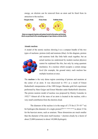 8
energy, an electron can be removed from an atom and be freed from its
attraction to the nucleus.
Atomic nucleus
A model of the atomic nucleus showing it as a compact bundle of the two
types of nucleons: protons (red) and neutrons (blue). In this diagram, protons
and neutrons look like little balls stuck together, but an
actual nucleus (as understood by modern nuclear physics)
cannot be explained like this, but only by using quantum
mechanics. In a nucleus which occupies a certain energy
level (for example, the ground state), each nucleon has
multiple locations at once.
The nucleus is the very dense region consisting of protons and neutrons at
the center of an atom. It was discovered in 1911 as a result of Ernest
Rutherford's interpretation of the 1909 Geiger–Marsden gold foil experiment
performed by Hans Geiger and Ernest Marsden under Rutherford's direction.
The proton–neutron model of nucleus was proposed by Dmitry Ivanenko in
1932.[1]
Almost all of the mass of an atom is located in the nucleus, with a
very small contribution from the electron cloud.
The diameter of the nucleus is in the range of 1.75 fm (1.75×10−15
m)
for hydrogen (the diameter of a single proton)[2][not in citation given]
to about 15 fm
for the heaviest atoms, such as uranium. These dimensions are much smaller
than the diameter of the atom itself (nucleus + electron cloud), by a factor of
about 23,000 (uranium) to about 145,000 (hydrogen).
 
