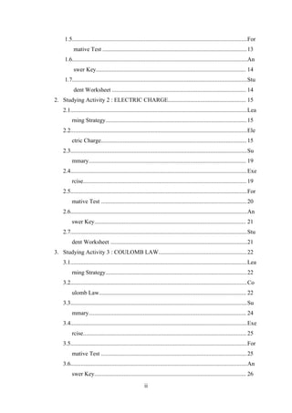 ii
1.5.......................................................................................................................For
mative Test ..................................................................................................13
1.6.......................................................................................................................An
swer Key...................................................................................................... 14
1.7.......................................................................................................................Stu
dent Worksheet ........................................................................................... 14
2. Studying Activity 2 : ELECTRIC CHARGE..................................................... 15
2.1........................................................................................................................Lea
rning Strategy................................................................................................15
2.2........................................................................................................................Ele
ctric Charge...................................................................................................15
2.3........................................................................................................................Su
mmary........................................................................................................... 19
2.4........................................................................................................................Exe
rcise............................................................................................................... 19
2.5........................................................................................................................For
mative Test ...................................................................................................20
2.6........................................................................................................................An
swer Key....................................................................................................... 21
2.7........................................................................................................................Stu
dent Worksheet .............................................................................................21
3. Studying Activity 3 : COULOMB LAW............................................................22
3.1........................................................................................................................Lea
rning Strategy................................................................................................22
3.2........................................................................................................................Co
ulomb Law.................................................................................................... 22
3.3........................................................................................................................Su
mmary........................................................................................................... 24
3.4........................................................................................................................Exe
rcise............................................................................................................... 25
3.5........................................................................................................................For
mative Test ...................................................................................................25
3.6........................................................................................................................An
swer Key....................................................................................................... 26
 