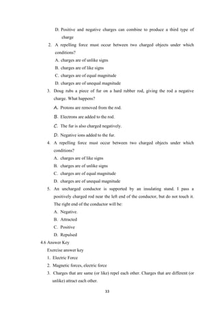 33
D. Positive and negative charges can combine to produce a third type of
charge
2. A repelling force must occur between two charged objects under which
conditions?
A. charges are of unlike signs
B. charges are of like signs
C. charges are of equal magnitude
D. charges are of unequal magnitude
3. Doug rubs a piece of fur on a hard rubber rod, giving the rod a negative
charge. What happens?
A. Protons are removed from the rod.
B. Electrons are added to the rod.
C. The fur is also charged negatively.
D. Negative ions added to the fur.
4. A repelling force must occur between two charged objects under which
conditions?
A. charges are of like signs
B. charges are of unlike signs
C. charges are of equal magnitude
D. charges are of unequal magnitude
5. An uncharged conductor is supported by an insulating stand. I pass a
positively charged rod near the left end of the conductor, but do not touch it.
The right end of the conductor will be:
A. Negative.
B. Attracted
C. Positive
D. Repulsed
4.6 Answer Key
Exercise answer key
1. Electric Force
2. Magnetic forces, electric force
3. Charges that are same (or like) repel each other. Charges that are different (or
unlike) attract each other.
 