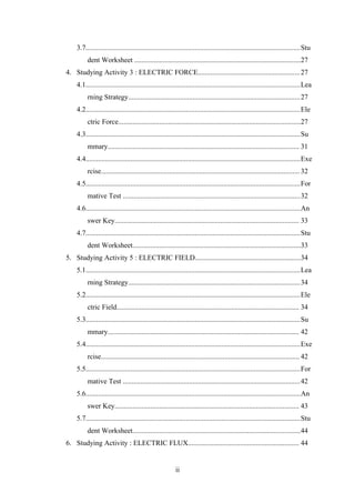 ii
3.7........................................................................................................................Stu
dent Worksheet .............................................................................................27
4. Studying Activity 3 : ELECTRIC FORCE.........................................................27
4.1........................................................................................................................Lea
rning Strategy................................................................................................27
4.2........................................................................................................................Ele
ctric Force......................................................................................................27
4.3........................................................................................................................Su
mmary........................................................................................................... 31
4.4........................................................................................................................Exe
rcise............................................................................................................... 32
4.5........................................................................................................................For
mative Test ...................................................................................................32
4.6........................................................................................................................An
swer Key....................................................................................................... 33
4.7........................................................................................................................Stu
dent Worksheet..............................................................................................33
5. Studying Activity 5 : ELECTRIC FIELD...........................................................34
5.1........................................................................................................................Lea
rning Strategy................................................................................................34
5.2........................................................................................................................Ele
ctric Field...................................................................................................... 34
5.3........................................................................................................................Su
mmary........................................................................................................... 42
5.4........................................................................................................................Exe
rcise............................................................................................................... 42
5.5........................................................................................................................For
mative Test ...................................................................................................42
5.6........................................................................................................................An
swer Key....................................................................................................... 43
5.7........................................................................................................................Stu
dent Worksheet..............................................................................................44
6. Studying Activity : ELECTRIC FLUX.............................................................. 44
 