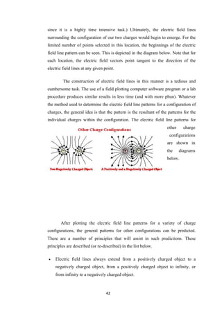 42
since it is a highly time intensive task.) Ultimately, the electric field lines
surrounding the configuration of our two charges would begin to emerge. For the
limited number of points selected in this location, the beginnings of the electric
field line pattern can be seen. This is depicted in the diagram below. Note that for
each location, the electric field vectors point tangent to the direction of the
electric field lines at any given point.
The construction of electric field lines in this manner is a tedious and
cumbersome task. The use of a field plotting computer software program or a lab
procedure produces similar results in less time (and with more phun). Whatever
the method used to determine the electric field line patterns for a configuration of
charges, the general idea is that the pattern is the resultant of the patterns for the
individual charges within the configuration. The electric field line patterns for
other charge
configurations
are shown in
the diagrams
below.
After plotting the electric field line patterns for a variety of charge
configurations, the general patterns for other configurations can be predicted.
There are a number of principles that will assist in such predictions. These
principles are described (or re-described) in the list below.
 Electric field lines always extend from a positively charged object to a
negatively charged object, from a positively charged object to infinity, or
from infinity to a negatively charged object.
 