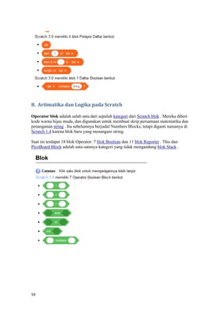 59
8. Aritmatika dan Logika pada Scratch
Operator blok adalah salah satu dari sepuluh kategori dari Scratch blok . Mereka ...