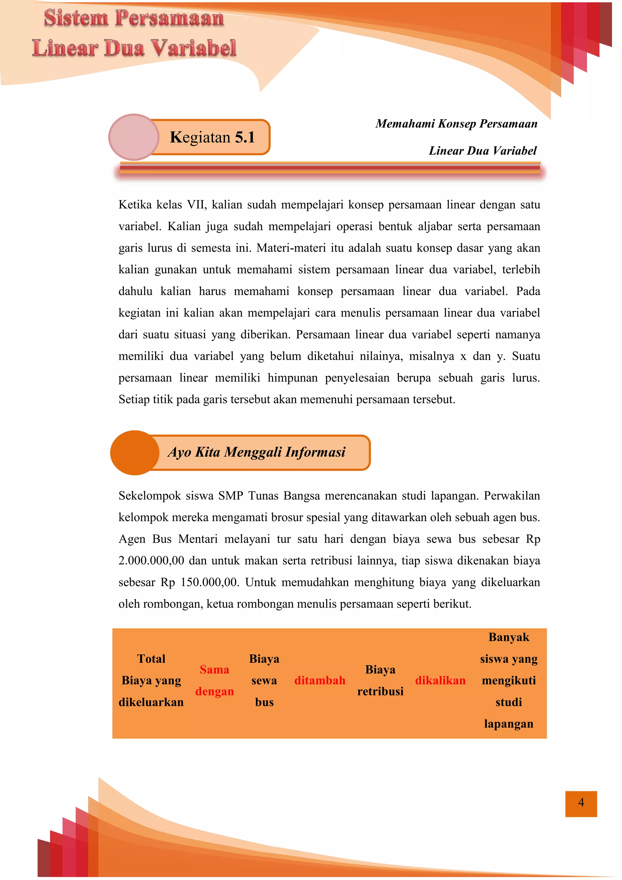 4
Memahami Konsep Persamaan
Linear Dua Variabel
Ketika kelas VII, kalian sudah mempelajari konsep persamaan linear dengan satu
variabel. Kalian juga sudah mempelajari operasi bentuk aljabar serta persamaan
garis lurus di semesta ini. Materi-materi itu adalah suatu konsep dasar yang akan
kalian gunakan untuk memahami sistem persamaan linear dua variabel, terlebih
dahulu kalian harus memahami konsep persamaan linear dua variabel. Pada
kegiatan ini kalian akan mempelajari cara menulis persamaan linear dua variabel
dari suatu situasi yang diberikan. Persamaan linear dua variabel seperti namanya
memiliki dua variabel yang belum diketahui nilainya, misalnya x dan y. Suatu
persamaan linear memiliki himpunan penyelesaian berupa sebuah garis lurus.
Setiap titik pada garis tersebut akan memenuhi persamaan tersebut.
Sekelompok siswa SMP Tunas Bangsa merencanakan studi lapangan. Perwakilan
kelompok mereka mengamati brosur spesial yang ditawarkan oleh sebuah agen bus.
Agen Bus Mentari melayani tur satu hari dengan biaya sewa bus sebesar Rp
2.000.000,00 dan untuk makan serta retribusi lainnya, tiap siswa dikenakan biaya
sebesar Rp 150.000,00. Untuk memudahkan menghitung biaya yang dikeluarkan
oleh rombongan, ketua rombongan menulis persamaan seperti berikut.
Total
Biaya yang
dikeluarkan
Sama
dengan
Biaya
sewa
bus
ditambah
Biaya
retribusi
dikalikan
Banyak
siswa yang
mengikuti
studi
lapangan
Kegiatan 5.1
Ayo Kita Menggali Informasi
 