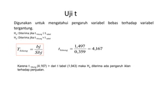 Uji t
Digunakan untuk mengatahui pengaruh variabel bebas terhadap variabel
tergantung.
Ho: Diterima jika t hitung  t tabel
Ha: Diterima jika t hitung > t tabel
Sbj
bj
Thitung  167,4
359,0
497,1
hitungt
Karena t hitung (4,167) > dari t tabel (1,943) maka Ha diterima ada pengaruh iklan
terhadap penjualan.
 