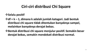Ciri-ciri distribusi Chi Square
Selalu positif
df = k – 1, dimana k adalah jumlah katagori. Jadi bentuk
distribusi chi square tidak ditentukan banyaknya sampel,
melainkan banyaknya derajat bebas.
Bentuk distribusi chi square menjulur positif. Semakin besar
derajat bebas, semakin mendekati distribusi normal.
194
 