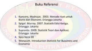 Buku Referensi
1. Kuncoro, Mudrajat. 2003. Metode riset untuk
Bisnis dan Ekonomi. Erlangga:Jakarta
2. Spigel. Murray. 2007. Statiatik Edisi Ketiga.
Erlangga: Jakarta
3. Supranto. 2009. Statistik Teori dan Aplikasi.
Erlangga: Jakarta
4. Spss Versi 20
5. Wonacott. Introduction Statistik For Bussiness and
Economic
 