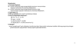 Penyelesaian :
1. Formulasi hipotesis.
Ho : jumlah mahasiswa yang mengembalika kuesioner mencerminkan
populasi mahasiswa di universitas Midwestern.
H1 : jumlah mahasiswa yang mengembalika kuesioner tidak
mencerminkan populasi mahasiswa di universitas Midwestern.
2. Taraf nyata 5 %
3. Pilih uji statistik (sama seperti pembahasan diatas)
4. Aturan pengambilan keputusan :
df = k – 1 = 7 - 1 = 6
X2 tabel = 12,592
Ho diterima jika X2 < 12,592
Ho ditolak jika X2  12,592 (menerima H1)
5. Hitung X2
Untuk menghitung X2 perlu dilakukan transformasi data. Data jumlah mahasiswa terdaftar dihitung proporsinya dengan
jumlah kuesioner yang kembali. Haslnya seperti pada tabel berikut :
200
 