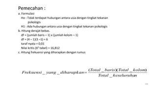 Pemecahan :
a. Formulasi
Ho : Tidak terdapat hubungan antara usia dengan tingkat tekanan
psikologis
H1 : Ada hubungan antara usia dengan tingkat tekanan psikologis
b. Hitung derajat bebas.
df = (jumlah baris – 1) x (jumlah kolom – 1)
df = (4 – 1)(3 –1) = 6
taraf nyata = 0,01
Nilai kritis (X2 tabel) = 16,812
c. Hitung frekuensi yang diharapkan dengan rumus
208
nkeseluruhaTotal
kolomTotalbarisTotal
diharapkanyangFrekuensi
_
)_)(_(
__ 
 