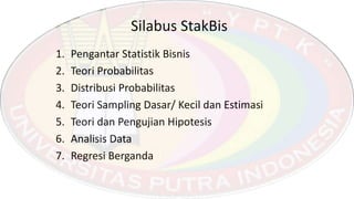 Silabus StakBis
1. Pengantar Statistik Bisnis
2. Teori Probabilitas
3. Distribusi Probabilitas
4. Teori Sampling Dasar/ Kecil dan Estimasi
5. Teori dan Pengujian Hipotesis
6. Analisis Data
7. Regresi Berganda
 