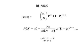 RUMUS
P(x,n) = P)-(1P
X
n x-nx






 
 
  ....1
!!
! xNx
pp
xNx
N
xXP




x = 0, 1, 2, ...., N
0 < p < 1
 