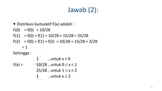 Jawab (2):
 Distribusi kumulatif F(x) adalah :
F(0) = f(0) = 10/28
F(1) = f(0) + f(1) = 10/28 + 15/28 = 25/28
F(2) = f(0) + f(1) + f(2) = 10/28 + 15/28 + 3/28
= 1
Sehingga :
1 , untuk x < 0
F(x) = 10/28 , untuk 0  x < 1
25/28 , untuk 1  x < 2
1 , untuk x  2
72
 