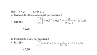 Dik : n = 2; X = 0, 1, 2
a. Probabilitas tidak mendapat permukaan B
• P(0;2) =
= 0,25
b. Probabilitas satu permukaan B
• P(1;2) =
= 0,50
0,25x1x
)(2!0!
2
0,5x0,5x
0
2 20






0,50x0,50x
)(1!1!
2
0,5x0,5x
1
2 11






 