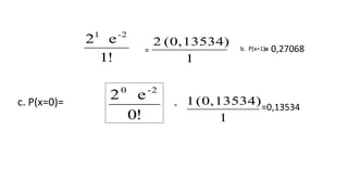 1!
e2 -21
=
1
(0,13534)2
c. P(x=0)=
= 0,27068
0!
e2 -20
=
=0,13534
b. P(x=1)=
1
(0,13534)1
 