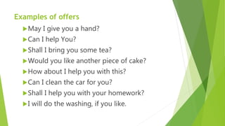 Examples of offers
May I give you a hand?
Can I help You?
Shall I bring you some tea?
Would you like another piece of cake?
How about I help you with this?
Can I clean the car for you?
Shall I help you with your homework?
I will do the washing, if you like.
 