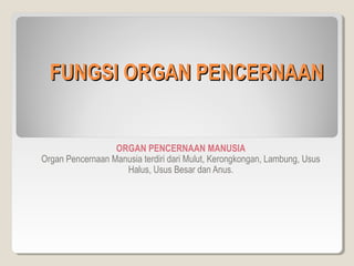 FUNGSI ORGAN PENCERNAAN


                  ORGAN PENCERNAAN MANUSIA
Organ Pencernaan Manusia terdiri dari Mulut, Kerongkongan, Lambung, Usus
                    Halus, Usus Besar dan Anus.
 