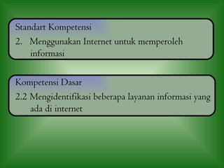 Standart Kompetensi
2. Menggunakan Internet untuk memperoleh
    informasi

Kompetensi Dasar
2.2 Mengidentifikasi beberapa layanan informasi yang
    ada di internet
 