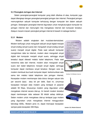 85
BAHAN AJAR TIK SMP/MTS KELAS VII BAHRUR ROSYIDI DURAISY
5.3 Perangkat Jaringan dan Internet
Selain perangkat-perangkat komputer yang telah dibahas di atas, komputer juga
dapat dilengkapi dengan perangkat-perangkat jaringan dan internet. Perangkat jaringan
memungkinkan sebuah komputer terhubung dengan komputer lain dalam sebuah
jaringan. Sedangkan perangkat internet digunakan untuk menghubungkan komputer ke
jaringan internet dan memungkin kita mengakses internet dari komputer tersebut.
Adapun macam-macam perangkat jaringan internet di bawah ini sebagai berikut :
5.3.1 Modem
Modem adalah singkatan dari mudulasi-demodulasi.
Modem berfungsi untuk mengubah sebuah sinyal digital menjadi
sinyal analog (sinyal suara) dan mengubah sinyal analog (sinyal
suara) menjadi sinyal digital. Pada saat sebuah komputer
mengirimkan data ke internet, modem akan mengubah sinyal
digital dari komputer menjadi sinyal suara, sehingga sinyal
tersebut dapat dilewati melalui kabel telephone. Pada saat
menerima data dari internet, modem akan mengubah sinyal
suara dari kabel telephone menjadi sinyal digital, sehingga
komputer dapat membaca sinyal tersebut. Dengan cara ini,
modem membuat dua buah komputer dapat berkomunikasi satu
sama lain melalui kabel telephone dan jaringan internet.
Kecepatan modem mentransper data diukur dengan satuan bits
per second (bps) atau bit per detik. Saat ini, umumnya
kecepatan transper data modem yang terdapat di pasaran
adalah 56 Kbps, khususnya modem yang digunakan untuk
mengakses internet secara dial-up. Ini berarti modem tersebut
dapat mentransper data sebesar 56 kilobit setiap detiknya.
Selain modem untuk mengakses dial-up terdapat juga modem
yang digunakan untuk mengakses internet menggunakan
teknologi ADSL. Modem jenis ini, dapat mencapai kecepatan
sampai pada kecepatan 384 Kbps.
Modem adalah singkatan
dari mudulasi-
demodulasi. Modem
berfungsi untuk
mengubah sebuah sinyal
digital menjadi sinyal
analog (sinyal suara) dan
mengubah sinyal analog
(sinyal suara) menjadi
sinyal digital.
Gambar 5.35. Modem Eksternal
Gambar 5.34 Modem Internal
 