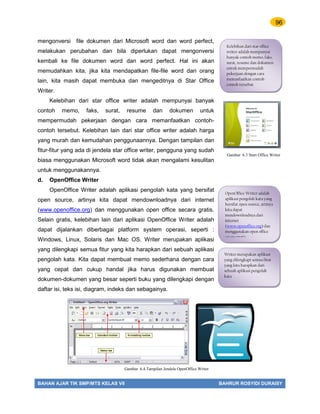 96
BAHAN AJAR TIK SMP/MTS KELAS VII BAHRUR ROSYIDI DURAISY
mengonversi file dokumen dari Microsoft word dan word perfect,
melakukan perubahan dan bila diperlukan dapat mengonversi
kembali ke file dokumen word dan word perfect. Hal ini akan
memudahkan kita, jika kita mendapatkan file-file word dari orang
lain, kita masih dapat membuka dan mengeditnya di Star Office
Writer.
Kelebihan dari star office writer adalah mempunyai banyak
contoh memo, faks, surat, resume dan dokumen untuk
mempermudah pekerjaan dengan cara memanfaatkan contoh-
contoh tersebut. Kelebihan lain dari star office writer adalah harga
yang murah dan kemudahan penggunaannya. Dengan tampilan dan
fitur-fitur yang ada di jendela star office writer, pengguna yang sudah
biasa menggunakan Microsoft word tidak akan mengalami kesulitan
untuk menggunakannya.
d. OpenOffice Writer
OpenOffice Writer adalah aplikasi pengolah kata yang bersifat
open source, artinya kita dapat mendownloadnya dari internet
(www.openoffice.org) dan menggunakan open office secara gratis.
Selain gratis, kelebihan lain dari aplikasi OpenOffice Writer adalah
dapat dijalankan diberbagai platform system operasi, seperti :
Windows, Linux, Solaris dan Mac OS. Writer merupakan aplikasi
yang dilengkapi semua fitur yang kita harapkan dari sebuah aplikasi
pengolah kata. Kita dapat membuat memo sederhana dengan cara
yang cepat dan cukup handal jika harus digunakan membuat
dokumen-dokumen yang besar seperti buku yang dilengkapi dengan
daftar isi, teks isi, diagram, indeks dan sebagainya.
Kelebihan dari star office
writer adalah mempunyai
banyak contoh memo, faks,
surat, resume dan dokumen
untuk mempermudah
pekerjaan dengan cara
memanfaatkan contoh-
contoh tersebut
OpenOffice Writer adalah
aplikasi pengolah kata yang
bersifat open source, artinya
kita dapat
mendownloadnya dari
internet
(www.openoffice.org) dan
menggunakan open office
secara gratis
Writer merupakan aplikasi
yang dilengkapi semua fitur
yang kita harapkan dari
sebuah aplikasi pengolah
kata
Gambar 6.4.Tampilan Jendela OpenOffice Writer
Gambar 6.3 Start Office Writer
 
