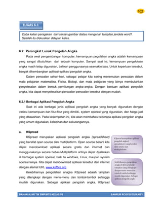 102
BAHAN AJAR TIK SMP/MTS KELAS VII BAHRUR ROSYIDI DURAISY
Coba kalian peragakan dari sekian gambar diatas mengenai tampilan jendela word?
Setelah itu diskusikan didepan kelas.
TUGAS 6.1
6.2 Perangkat Lunak Pengolah Angka
Pada awal pengembangan komputer, kemampuan pegolahan angka adalah kemampuan
yang sangat dibutuhkan dari sebuah komputer. Sampai saat ini, kemampuan pengelolaan
angka masih tetap digunakan, bahkan penggunaanya seamakin luas. Untuk keperluan tersebut,
banyak dikembangkan aplikasi-aplikasi pengolah angka.
Dalam persoalan sehari-hari, sebagai pelajar kita sering menemukan persoalan dalam
mata pelajaran matematika, Fisika, Biologi, dan mata pelajaran yang lainya membutuhkan
penyelesaian dalam bentuk perhitungan angka-angka. Dengan bantuan aplikasi pengolah
angka, kita dapat menyelesaikan persoalan-persoalan tersebut dengan mudah.
6.2.1 Berbagai Aplikasi Pengolah Angka
Saat ini ada berbagai jenis aplikasi pengolah angka yang banyak digunakan dengan
variasi kemampuan dan fitur-fitur yang dimiliki, system operasi yang digunakan, dan harga jual
yang ditawarkan. Pada kesempatan ini, kita akan membahas beberapa aplikasi pengolah angka
yang umum digunakan, kelebihan dan kekurangannya.
a. KSpread
KSpread merupakan aplikasi pengolah angka (spreadsheet)
yang bersifat open source dan multiplatform. Open source berarti kita
dapat mendownload aplikasi secara gratis dan internet dan
menggunakanya secara bebas.Multiplatform artinya dapat dijalankan
di berbagai system operasi, baik itu windows, Linux, maupun system
operasi lainya. Kita dapat mendownload aplikasi tersebut dari internet
dengan alamat URL www.koffice.org
Kelebihannya pengolahan anagka KSpread adalah tampilan
yang dilengkapi dengan menu-menu dan tombol-tombol sehingga
mudah digunakan. Sebagai aplikasi pengolah angka, KSpread
KSpread merupakan aplikasi
pengolah angka (
spreadsheet) yang bersifat
open source dan
multiplatform.
Kelebihannya pengolahan
anagka KSpread adalah
tampilan yang dilengkapi
dengan menu-menu dan
tombol-tombol sehingga
mudah digunakan. Sebagai
aplikasi pengolah angka
 