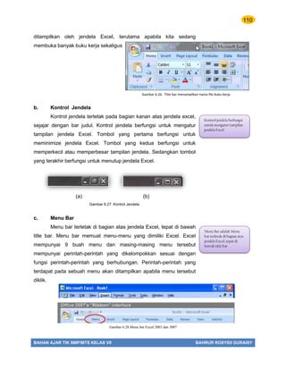 110
BAHAN AJAR TIK SMP/MTS KELAS VII BAHRUR ROSYIDI DURAISY
ditampilkan oleh jendela Excel, terutama apabila kita sedang
membuka banyak buku kerja sekaligus
b. Kontrol Jendela
Kontrol jendela terletak pada bagian kanan atas jendela excel,
sejajar dengan bar judul. Kontrol jendela berfungsi untuk mengatur
tampilan jendela Excel. Tombol yang pertama berfungsi untuk
meminimize jendela Excel. Tombol yang kedua berfungsi untuk
memperkecil atau memperbesar tampilan jendela. Sedangkan tombol
yang terakhir berfungsi untuk menutup jendela Excel.
(a) (b)
Gambar 6.27. Kontrol Jendela
c. Menu Bar
Menu bar terletak di bagian atas jendela Excel, tepat di bawah
title bar. Menu bar memuat menu-menu yang dimiliki Excel. Excel
mempunyai 9 buah menu dan masing-masing menu tersebut
mempunyai perintah-perintah yang dikelompokkan sesuai dengan
fungsi perintah-perintah yang berhubungan. Perintah-perintah yang
terdapat pada sebuah menu akan ditampilkan apabila menu tersebut
diklik.
Gambar 6.26. Title bar menampilkan nama file buku kerja
Kontrol jendela berfungsi
untuk mengatur tampilan
jendela Excel.
Menu Bar adalah Menu
bar terletak di bagian atas
jendela Excel, tepat di
bawah title bar
Gambar 6.28.Menu bar Excel 2003 dan 3007
 