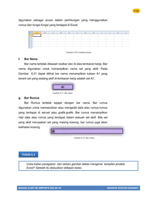 113
BAHAN AJAR TIK SMP/MTS KELAS VII BAHRUR ROSYIDI DURAISY
Coba kalian peragakan dari sekian gambar diatas mengenai tampilan jendela
Excel? Setelah itu diskusikan didepan kelas.
TUGAS 6.2
digunakan sebagai acuan dalam perhitungan yang menggunakan
rumus dan fungsi-fungsi yang terdapat di Excel.
f. Bar Nama
Bar nama terletak dibawah toolbar dan di atas lembaran kerja. Bar
nama digunakan untuk menampilkan nama sel yang aktif. Pada
Gambar 6.21 dapat dilihat bar nama menampilkan tulisan A1 yang
berarti sel yang sedang aktif di lembaran kerja adalah sel A1.
g. Bar Rumus
Bar Rumus terletak sejajar dengan bar nama. Bar rumus
digunakan untuk memasukkan atau mengediit data atau rumus-rumus
yang terdapat di sel-sel atau grafik-grafik. Bar rumus menampilkan
nilai data atau rumus yang terdapat dalam sebuah sel aktif. Bila sel
yang aktif merupakan sel yang masing kosong, bar rumus juga akan
kelihatan kosong.
Gambar 6.30. Lembaran kerja
Gambar 6.31. Bar nama
Gambar 6.32. Bar rumus
 