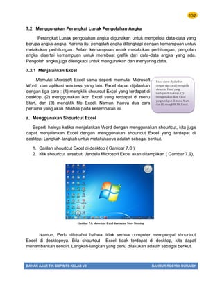 132
BAHAN AJAR TIK SMP/MTS KELAS VII BAHRUR ROSYIDI DURAISY
7.2 Menggunakan Perangkat Lunak Pengolahan Angka
Perangkat Lunak pengolahan angka digunakan untuk mengelola data-data yang
berupa angka-angka. Karena itu, pengolah angka dilengkapi dengan kemampuan untuk
melakukan perhitungan. Selain kemampuan untuk melakukan perhitungan, pengolah
angka disertai kemampuan untuk membuat grafik dari data-data angka yang ada.
Pengolah angka juga dilengkapi untuk mengurutkan dan menyaring data.
7.2.1 Menjalankan Excel
Memulai Microsoft Excel sama seperti memulai Microsoft
Word dan aplikasi windows yang lain. Excel dapat dijalankan
dengan tiga cara : (1) mengklik shourcut Excel yang terdapat di
desktop, (2) menggunakan ikon Excel yang terdapat di menu
Start, dan (3) mengklik file Excel. Namun, hanya dua cara
pertama yang akan dibahas pada kesempatan ini.
a. Menggunakan Shourtcut Excel
Seperti halnya ketika menjalankan Word dengan menggunakan shourtcut, kita juga
dapat menjalankan Excel dengan menggunakan shourtcut Excel yang terdapat di
desktop. Langkah-langkah untuk melakukanya adalah sebagai berikut.
1. Carilah shourtcut Excel di desktop ( Gambar 7.8 )
2. Klik shourtcut tersebut. Jendela Microsoft Excel akan ditampilkan ( Gambar 7.9),
Namun, Perlu diketahui bahwa tidak semua computer mempunyai shourtcut
Excel di desktopnya. Bila shourtcut Excel tidak terdapat di desktop, kita dapat
menambahkan sendiri. Langkah-langkah yang perlu dilakukan adalah sebagai berikut.
Excel dapat dijalankan
dengan tiga cara1) mengklik
shourcut Excel yang
terdapat di desktop, (2)
menggunakan ikon Excel
yang terdapat di menu Start,
dan (3) mengklik file Excel.
Gambar 7.8. shourtcut Excel dan menu Start Desktop
 