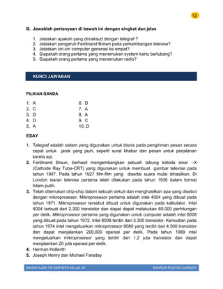 12
BAHAN AJAR TIK SMP/MTS KELAS VII BAHRUR ROSYIDI DURAISY
B. Jawablah pertanyaan di bawah ini dengan singkat dan jelas
1. Jelaskan apakah yang dimaksud dengan telegraf ?
2. Jelaskan pengaruh Ferdinand Brown pada perkembangan televise?
3. Jelaskan ciri-ciri computer generasi ke empat?
4. Siapakah orang pertama yang menemukan system kartu berlubang?
5. Siapakah orang pertama yang menemukan radio?
KUNCI JAWABAN
PILIHAN GANDA
1. A 6. D
2. C 7. A
3. D 8. A
4. D 9. C
5. A 10. D
ESAY
1. Telegraf adalah sistem yang digunakan untuk bisnis pada pengiriman pesan secara
cepat untuk jarak yang jauh, seperti surat khabar dan pesan untuk perjalanan
kereta api.
2. Ferdinand Braun, berhasil mengembangkan sebuah tabung katoda sinar –X
(Cathode Ray Tube-CRT) yang digunakan untuk membuat gambar televise pada
tahun 1907. Pada tahun 1927 film-film yang disertai suara mulai dihasilkan. Di
London siaran televise pertama telah dilakukan pada tahun 1936 dalam format
hitam putih.
3. Telah ditemukan chip-chip dalam sebuah sirkuit dan menghasilkan apa yang disebut
dengan mikroprosesor. Mikroprosesor pertama adalah intel 4004 yang dibuat pada
tahun 1971. Mikroprosesor tersebut dibuat untuk digunakan pada kalkulator. Intel
4004 terbuat dari 2.300 transistor dan dapat dapat melakukan 60.000 perhitungan
per detik. Mikroprosesor pertama yang digunakan untuk computer adalah intel 8008
yang dibuat pada tahun 1972. Intel 8008 terdiri dari 3.300 transistor. Kemudian pada
tahun 1974 intel mengeluarkan mikroprosesor 8080 yang terdiri dari 4.500 transistor
dan dapat menjalankan 200.000 operasi per detik. Pada tahun 1989 intel
mengeluarkan mikroprosesor yang terdiri dari 1,2 juta transistor dan dapat
menjalankan 20 juta operasi per detik.
4. Herman Hollerith
5. Joseph Henry dan Michael Faraday
 