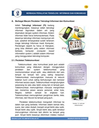 15
BAHAN AJAR TIK SMP/MTS KELAS VII BAHRUR ROSYIDI DURAISY
A. Berbagai Macam Peralatan Teknologi Informasi dan Komunikasi
Istilah Teknologi Informasi (TI) kadang
membingungkan, biasanya istilah teknologi
informasi digunakan dalam arti yang
disamakan dengan system informasi. Sistem
informasi tidak harus terkomputerisasi. Pada
dasarnya teknologi informasi mempunyai arti
luas, padahal dimasyarakat sudah tertanam
image teknologi Informasi mesti Komputer.
Pandangan seperti itu harus di hilangkan,
yang bisa difahami yaitu sistem informasi
berbasis komputer (computer based
information system ) adalah sistem informasi
yang menggunakan teknologi komputer.
2.1. Peralatan Telekomunikasi
Telekomunikasi atau komunikasi jarak jauh adalah
komunikasi yang dilakukan dengan menggunakan
peralatan dan system telekomunikasi yang
mentransmisikan sinyal optik atau elektronik dari satu
tempat ke tempat lain yang saling berjauhan.
Telekomunikasi memungkinkan manusia di seluruh
belahan bumi untuk saling berhubungan dan bertukar
informasi secara cepat. Telekomunikasi menghubungkan
seseorang ke satu atau lebih orang lain di tempat jauh.
Telekomunikasi memungkinkan manusia mengirimkan
dan menerima pesan secara personal, antar kota,
Negara, bahkan sampai ke angkasa luar.
Telekomunikasi memungkinkan pengiriman berita, data,
informasi, dan hiburan ke tempat yang jauh.
Peralatan telekomunikasi mengubah informasi ke
dalam tipe yang berbeda. Informasi dalam bentuk teks,
suara, dan video diubah menjadi sinyal listrik atau optik.
Sinyal listrik atau optik. Sinyal listrik atau optik tersebut
memungkinkan informasi tadi dikirim ke tempat yang
jauh. Sinyal listrik biasanya dikirimkan melalui medium
Telekomunikasi atau
komunikasi jarak jauh
adalah komunikasi yang
dilakukan dengan
menggunakan peralatan dan
system telekomunikasi yang
mentrasmisikan sinyal optic
atau elektronik dari satu
tempat ke tempat lain yang
saling berjauhan.
Gambar 1.2. alat-alat
telekomunikasi
BERBAGAI PERALATAN TEKNOLOGI INFORMASI DAN KOMUNIKASI
 