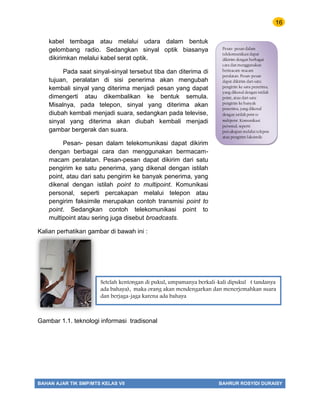 16
BAHAN AJAR TIK SMP/MTS KELAS VII BAHRUR ROSYIDI DURAISY
kabel tembaga atau melalui udara dalam bentuk
gelombang radio. Sedangkan sinyal optik biasanya
dikirimkan melalui kabel serat optik.
Pada saat sinyal-sinyal tersebut tiba dan diterima di
tujuan, peralatan di sisi penerima akan mengubah
kembali sinyal yang diterima menjadi pesan yang dapat
dimengerti atau dikembalikan ke bentuk semula.
Misalnya, pada telepon, sinyal yang diterima akan
diubah kembali menjadi suara, sedangkan pada televise,
sinyal yang diterima akan diubah kembali menjadi
gambar bergerak dan suara.
Pesan- pesan dalam telekomunikasi dapat dikirim
dengan berbagai cara dan menggunakan bermacam-
macam peralatan. Pesan-pesan dapat dikirim dari satu
pengirim ke satu penerima, yang dikenal dengan istilah
point, atau dari satu pengirim ke banyak penerima, yang
dikenal dengan istilah point to multipoint. Komunikasi
personal, seperti percakapan melalui telepon atau
pengirim faksimile merupakan contoh transmisi point to
point. Sedangkan contoh telekomunikasi point to
multipoint atau sering juga disebut broadcasts.
Kalian perhatikan gambar di bawah ini :
Gambar 1.1. teknologi informasi tradisonal
Setelah kentongan di pukul, umpamanya berkali-kali dipukul ( tandanya
ada bahaya), maka orang akan mendengarkan dan menerjemahkan suara
dan berjaga-jaga karena ada bahaya
Pesan- pesan dalam
telekomunikasi dapat
dikirim dengan berbagai
cara dan menggunakan
bermacam-macam
peralatan. Pesan-pesan
dapat dikirim dari satu
pengirim ke satu penerima,
yang dikenal dengan istilah
point, atau dari satu
pengirim ke banyak
penerima, yang dikenal
dengan istilah point to
multipoint. Komunikasi
personal, seperti
percakapan melalui telepon
atau pengirim faksimile
merupakan contoh
transmisi point to point.
 