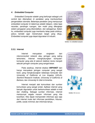 24
BAHAN AJAR TIK SMP/MTS KELAS VII BAHRUR ROSYIDI DURAISY
4. Embedded Computer
Embedded Computer adalah yang berfungsi sebagai unit
control dan ditemptkan di peralatan yang membutuhkan
pengendalian otomatis. Beberapa peralatan yang mempunyai
embedded computer di dalamnya adalah telepon, video tape
recorder, pendingin ruangan, dan mobil yang dilengkapi
sistem pengapian yang dikendalikan, dan sebagainya. Selain
itu, embedded computer juga membantu tetap pada orbitnya,
peluru kendali agar menemukan target yang dituju.
Embedded computer juga dapat digunakan di industri.
2.2.2. Internet
Internet merupakan singkatan dari
interconnected network atau jaringan yang saling
terkoneksi. Internet menghubungkan komputer-
komputer yang ada di seluruh belahan dunia menjadi
sebuah jaringan computer yang sangat besar.
Pada awalnya, internet disebut ARPANET dan
hanya merupakan jaringan computer yang sangat
kecil, yang menghubungkan beberapa komputer dari
University of California at Los Angeles (UCLA),
Stanford Research Institute, University of California at
Barbara, dan University fo Utah di Amerika.
Internet menjadi alat komunikasi dan sumber
komunikasi yang sangat andal. Aplikasi internet yang
banyak digunakan untuk berkomunikasi adalah e-mail
dan chatting. Sebagai sumber informasi, internet
mempunyai segala macam informasi yang kita
butuhkan. Kita dapat memperoleh informasi apa saja
dari internet mulai dari informasi pendidikan, hiburan,
politik, sosial, kriminal, dan informasi lainya.
Gambar 2.3. embedded computer
Gambar 2.4. internet
Internet merupakan
singkatan dari
interconnected network atau
jaringan yang saling
terkoneksi. Internet
menghubungkan
komputer-komputer
yang ada di seluruh
belahan dunia menjadi
sebuah jaringan
computer yang sangat
besar
Embedded Ccmputer adalah
yang berfungsi sebagai
unit control dan
ditemptkan di peralatan
yang membutuhkan
pengendalian otomatis
 