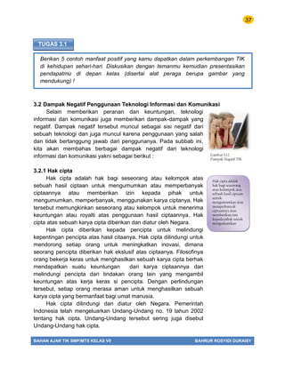 37
BAHAN AJAR TIK SMP/MTS KELAS VII BAHRUR ROSYIDI DURAISY
TUGAS 3.1
Berikan 5 contoh manfaat positif yang kamu dapatkan dalam perkembangan TIK
di kehidupan sehari-hari. Diskusikan dengan temanmu kemudian presentasikan
pendapatmu di depan kelas (disertai alat peraga berupa gambar yang
mendukung) !
3.2 Dampak Negatif Penggunaan Teknologi Informasi dan Komunikasi
Selain memberikan peranan dan keuntungan, teknologi
informasi dan komunikasi juga memberikan dampak-dampak yang
negatif. Dampak negatif tersebut muncul sebagai sisi negatif dari
sebuah teknologi dan juga muncul karena penggunaan yang salah
dan tidak bertanggung jawab dari penggunanya. Pada subbab ini,
kita akan membahas berbagai dampak negatif dari teknologi
informasi dan komunikasi yakni sebagai berikut :
3.2.1 Hak cipta
Hak cipta adalah hak bagi seseorang atau kelompok atas
sebuah hasil ciptaan untuk mengumumkan atau memperbanyak
ciptaannya atau memberikan izin kepada pihak untuk
mengumumkan, memperbanyak, menggunakan karya ciptanya. Hak
tersebut memungkinkan seseorang atau kelompok untuk menerima
keuntungan atau royalti atas penggunaan hasil ciptaannya. Hak
cipta atas sebuah karya cipta diberikan dan diatur oleh Negara.
Hak cipta diberikan kepada pencipta untuk melindungi
kepentingan pencipta atas hasil citaanya. Hak cipta dilindungi untuk
mendorong setiap orang untuk meningkatkan inovasi, dimana
seorang pencipta diberikan hak ekslusif atas ciptaanya. Filosofinya
orang bekerja keras untuk menghasilkan sebuah karya cipta berhak
mendapatkan suatu keuntungan dari karya ciptaannya dan
melindungi pencipta dari tindakan orang lain yang mengambil
keuntungan atas kerja keras si pencipta. Dengan perlindungan
tersebut, setiap orang merasa aman untuk menghasilkan sebuah
karya cipta yang bermanfaat bagi umat manusia.
Hak cipta dilindungi dan diatur oleh Negara. Pemerintah
Indonesia telah mengeluarkan Undang-Undang no. 19 tahun 2002
tentang hak cipta. Undang-Undang tersebut sering juga disebut
Undang-Undang hak cipta.
Hak cipta adalah
hak bagi seseorang
atau kelompok atas
sebuah hasil ciptaan
untuk
mengumumkan atau
memperbanyak
ciptaannya atau
memberikan izin
kepada pihak untuk
mengumumkan
Gambar 3.12.
Dampak Negatif TIK
 