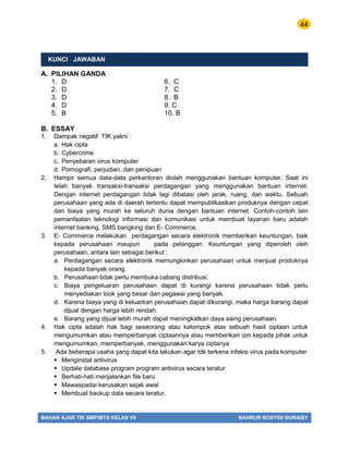 44
BAHAN AJAR TIK SMP/MTS KELAS VII BAHRUR ROSYIDI DURAISY
KUNCI JAWABAN
A. PILIHAN GANDA
1. D 6. C
2. D 7. C
3. D 8. B
4. D 9. C
5. B 10. B
B. ESSAY
1. Dampak negatif TIK yakni :
a. Hak cipta
b. Cybercrime
c. Penyebaran virus komputer
d. Pornografi, perjudian, dan penipuan
2. Hampir semua data-data perkantoran diolah menggunakan bantuan komputer. Saat ini
telah banyak transaksi-transaksi perdagangan yang menggunakan bantuan internet.
Dengan internet perdagangan tidak lagi dibatasi oleh jarak, ruang, dan waktu. Sebuah
perusahaan yang ada di daerah tertentu dapat mempublikasikan produknya dengan cepat
dan biaya yang murah ke seluruh dunia dengan bantuan internet. Contoh-contoh lain
pemanfaatan teknologi informasi dan komunikasi untuk membuat layanan baru adalah
internet banking, SMS bangking dan E- Commerce.
3. E- Commerce melakukan perdagangan secara elektronik memberikan keuntungan, baik
kepada perusahaan maupun pada pelanggan. Keuntungan yang diperoleh oleh
perusahaan, antara lain sebagai berikut :
a. Perdagangan secara elektronik memungkinkan perusahaan untuk menjual produknya
kepada banyak orang.
b. Perusahaan tidak perlu membuka cabang distribusi.
c. Biaya pengeluaran perusahaan dapat di kurangi karena perusahaan tidak perlu
menyediakan took yang besar dan pegawai yang banyak.
d. Karena biaya yang di keluarkan perusahaan dapat dikurangi, maka harga barang dapat
dijual dengan harga lebih rendah.
e. Barang yang dijual lebih murah dapat meningkatkan daya saing perusahaan.
4. Hak cipta adalah hak bagi seseorang atau kelompok atas sebuah hasil ciptaan untuk
mengumumkan atau memperbanyak ciptaannya atau memberikan izin kepada pihak untuk
mengumumkan, memperbanyak, menggunakan karya ciptanya
5. Ada beberapa usaha yang dapat kita lakukan agar tdk terkena infeksi virus pada komputer
 Menginstal antivirus
 Update database program program antivirus secara teratur
 Berhati-hati menjalankan file baru
 Mawaspadai kerusakan sejak awal
 Membuat backup data secara teratur.
 